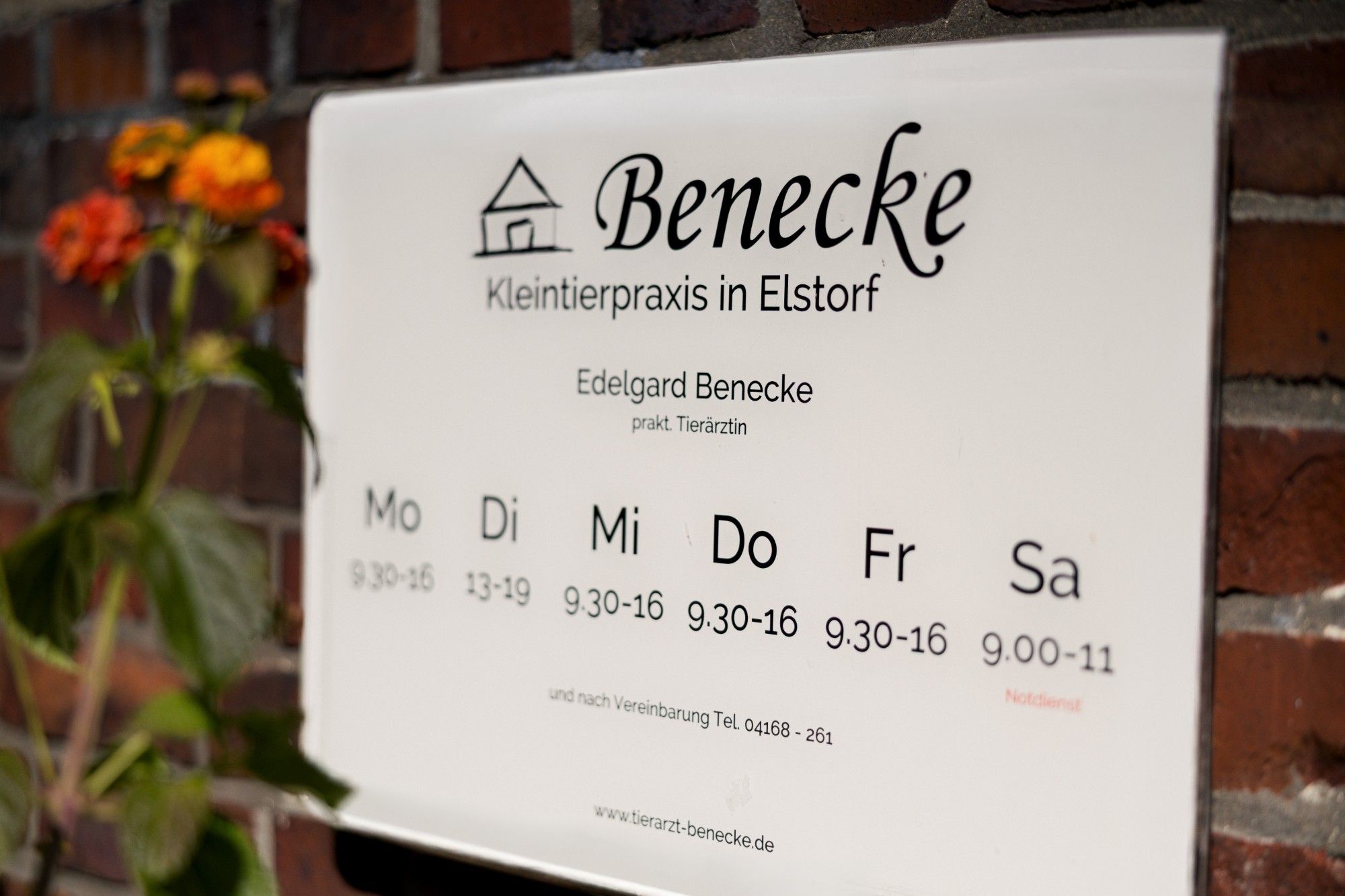 Praxisschild mit Öffnungszeiten an der Backsteinwand.