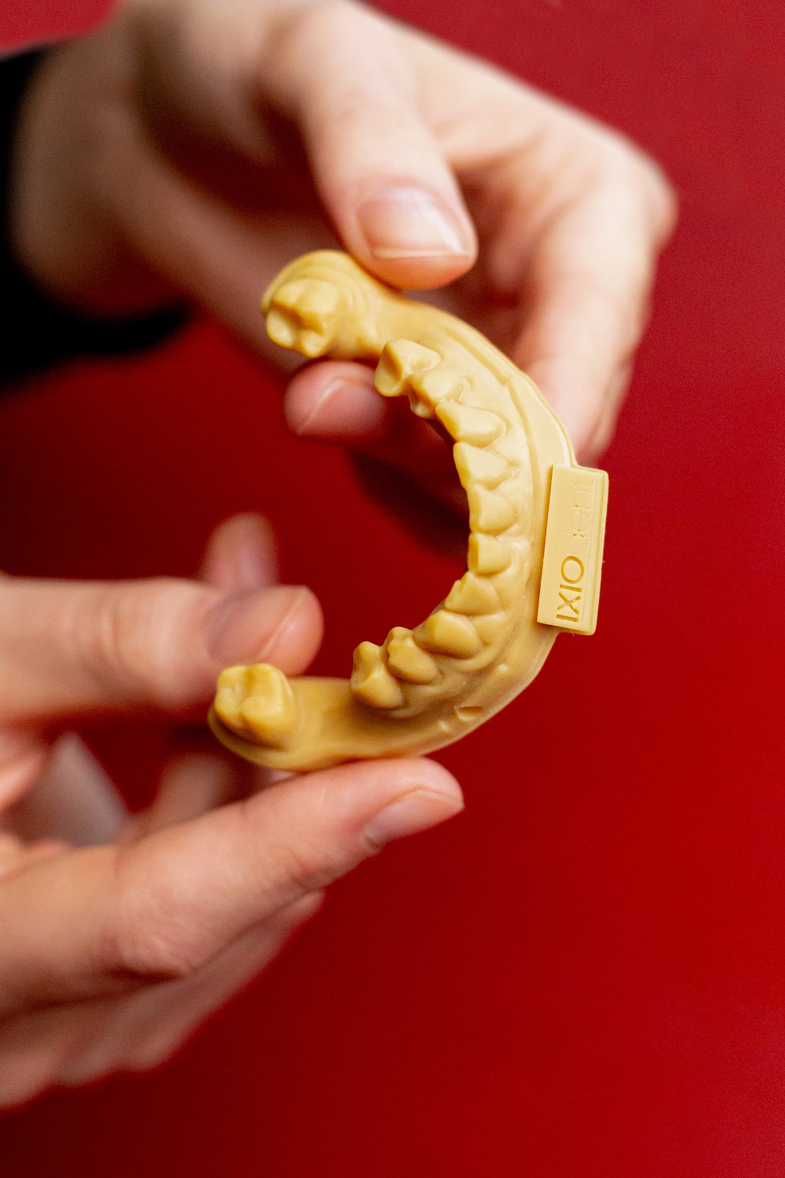 Hände halten eine 3D-gedruckte Zahnprothese vor rotem Hintergrund.